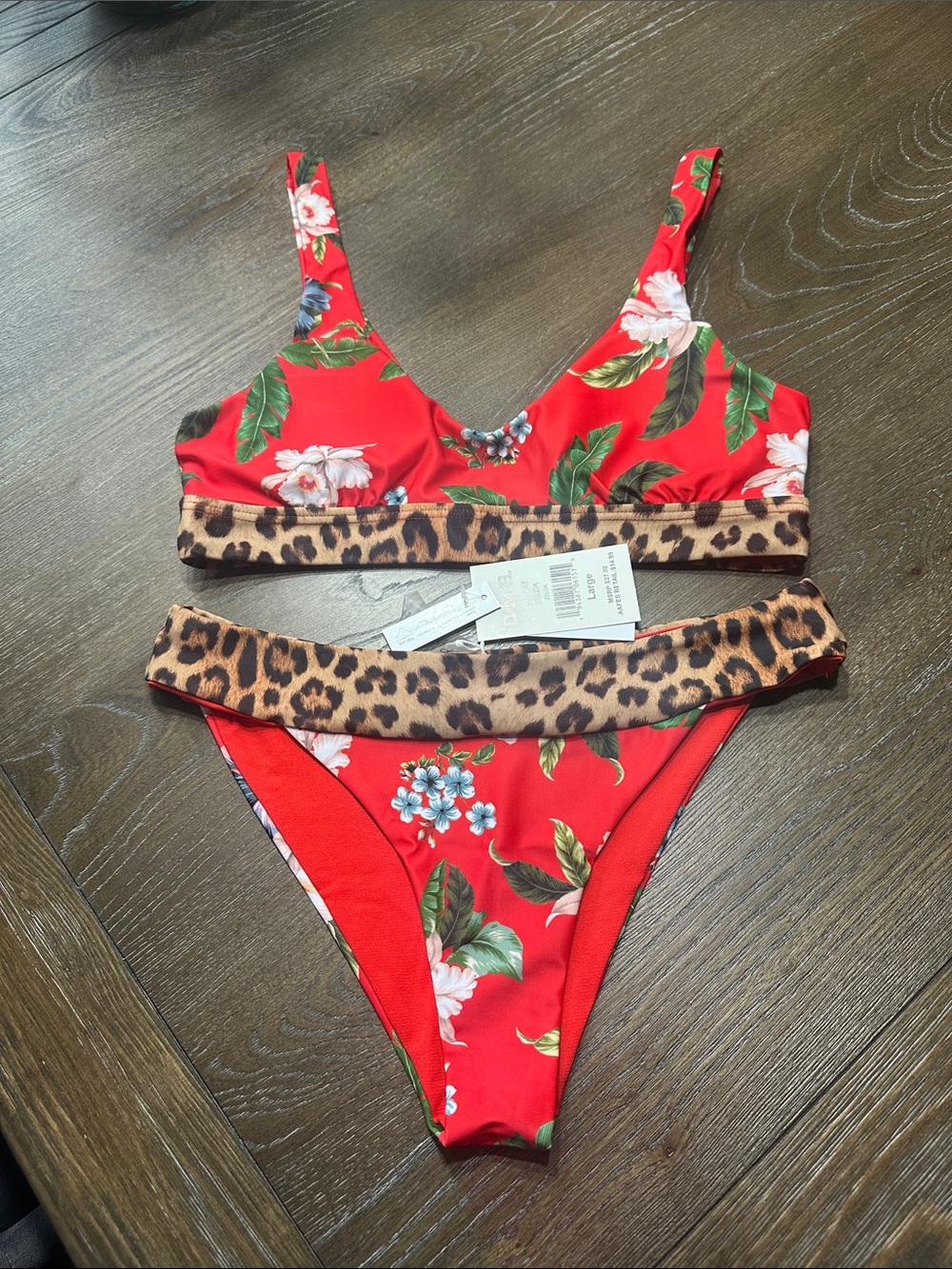 Floral Red Leopard-Trim Bikini Set